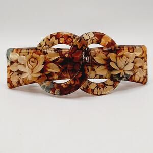 Vintage Lucite Floral Hair Barrette, Embedded Flowers, 3.5" Rectangle Clip